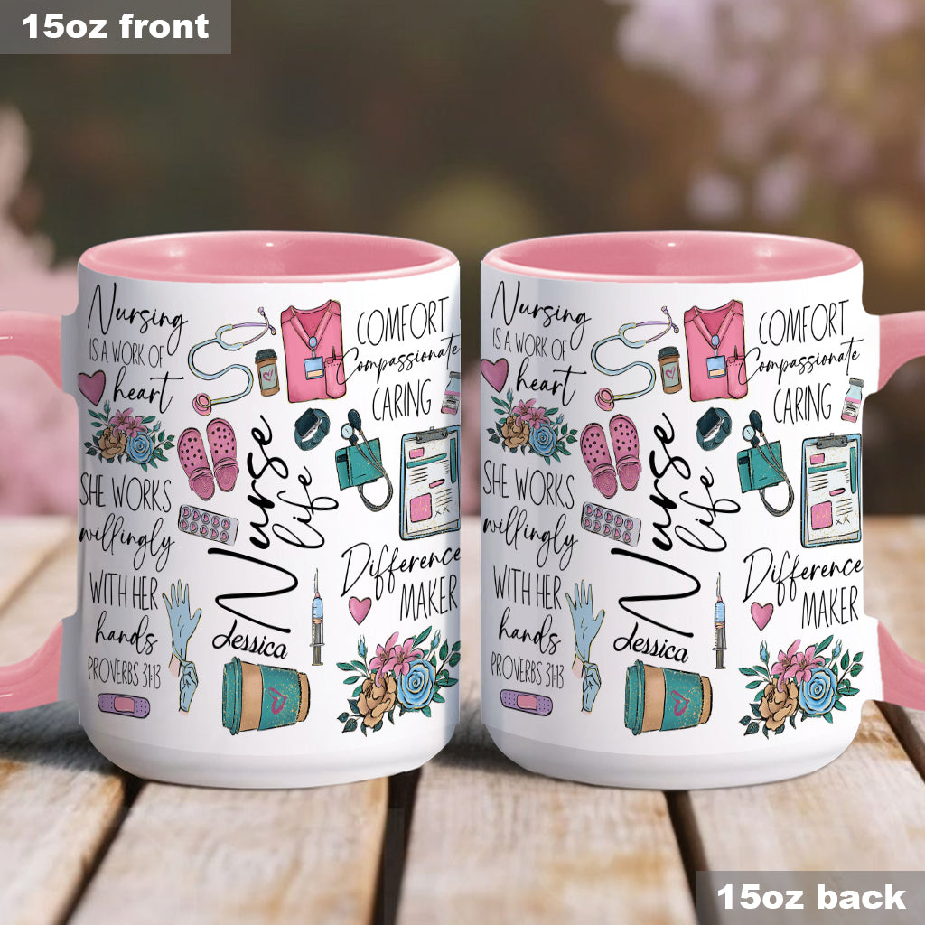 Nursing Is A Work Of Heart - Personalized Nurse Accent Mug