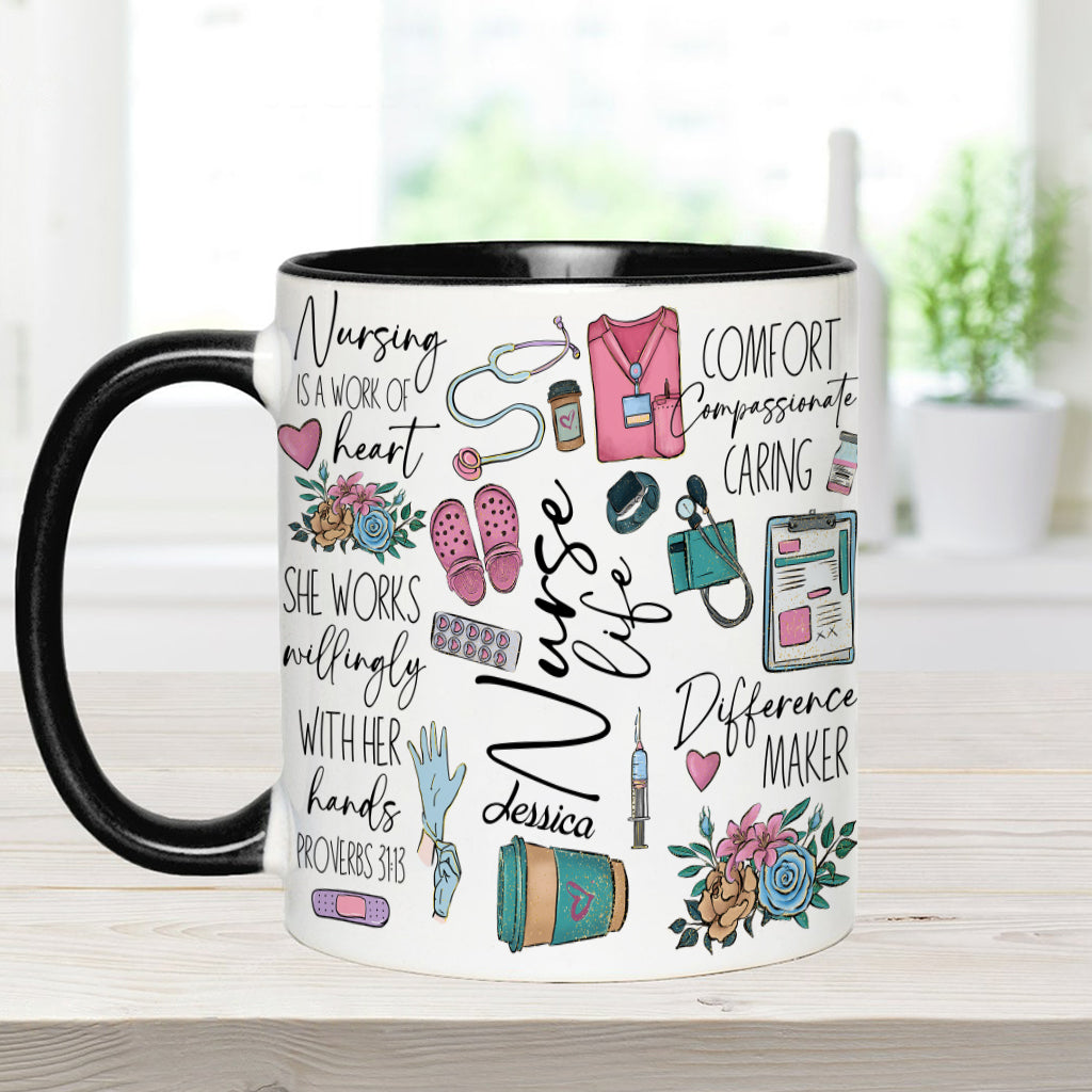 Nursing Is A Work Of Heart - Personalized Nurse Accent Mug