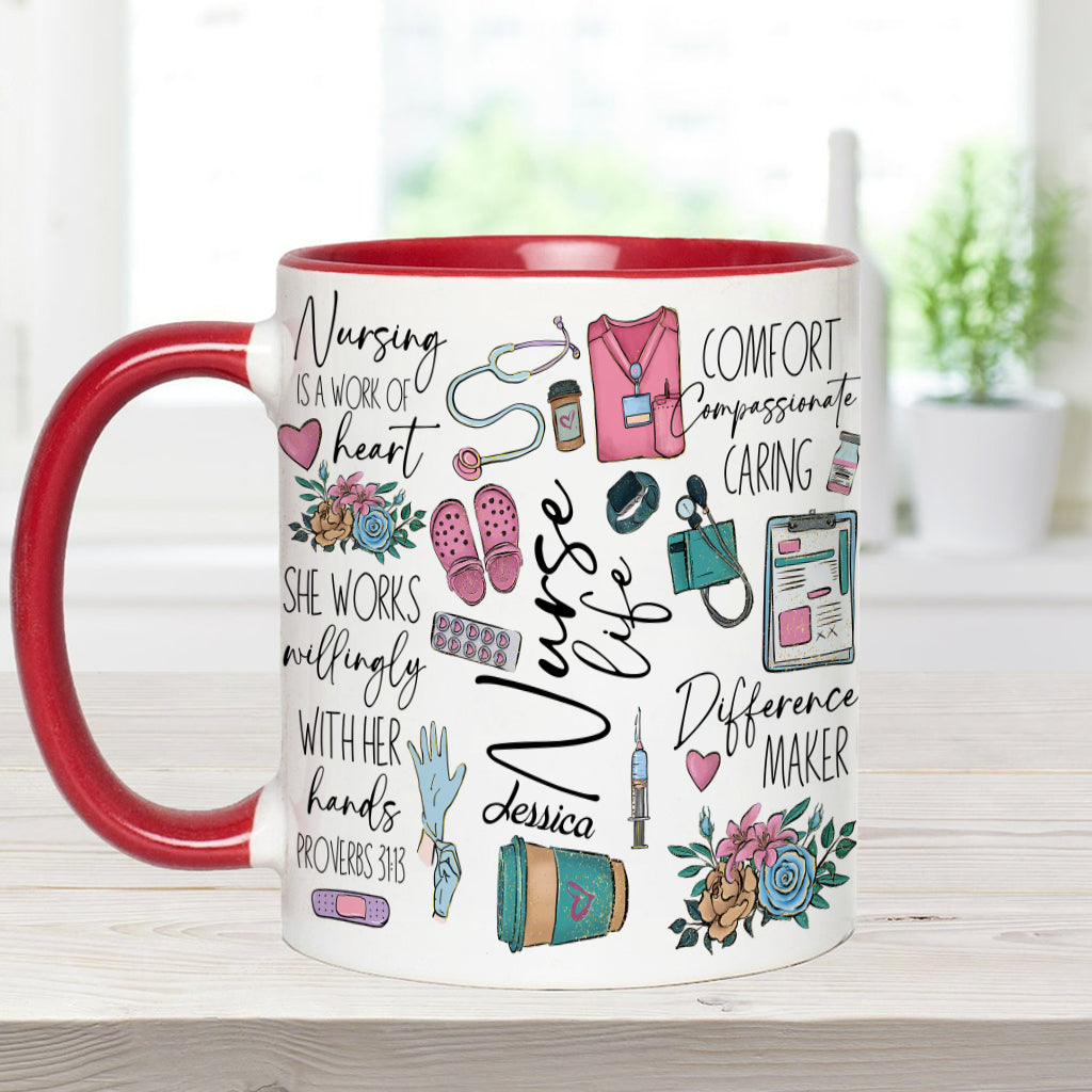 Nursing Is A Work Of Heart - Personalized Nurse Accent Mug