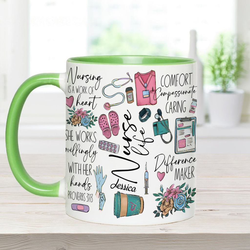 Nursing Is A Work Of Heart - Personalized Nurse Accent Mug