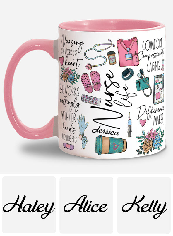 Nursing Is A Work Of Heart - Personalized Nurse Accent Mug