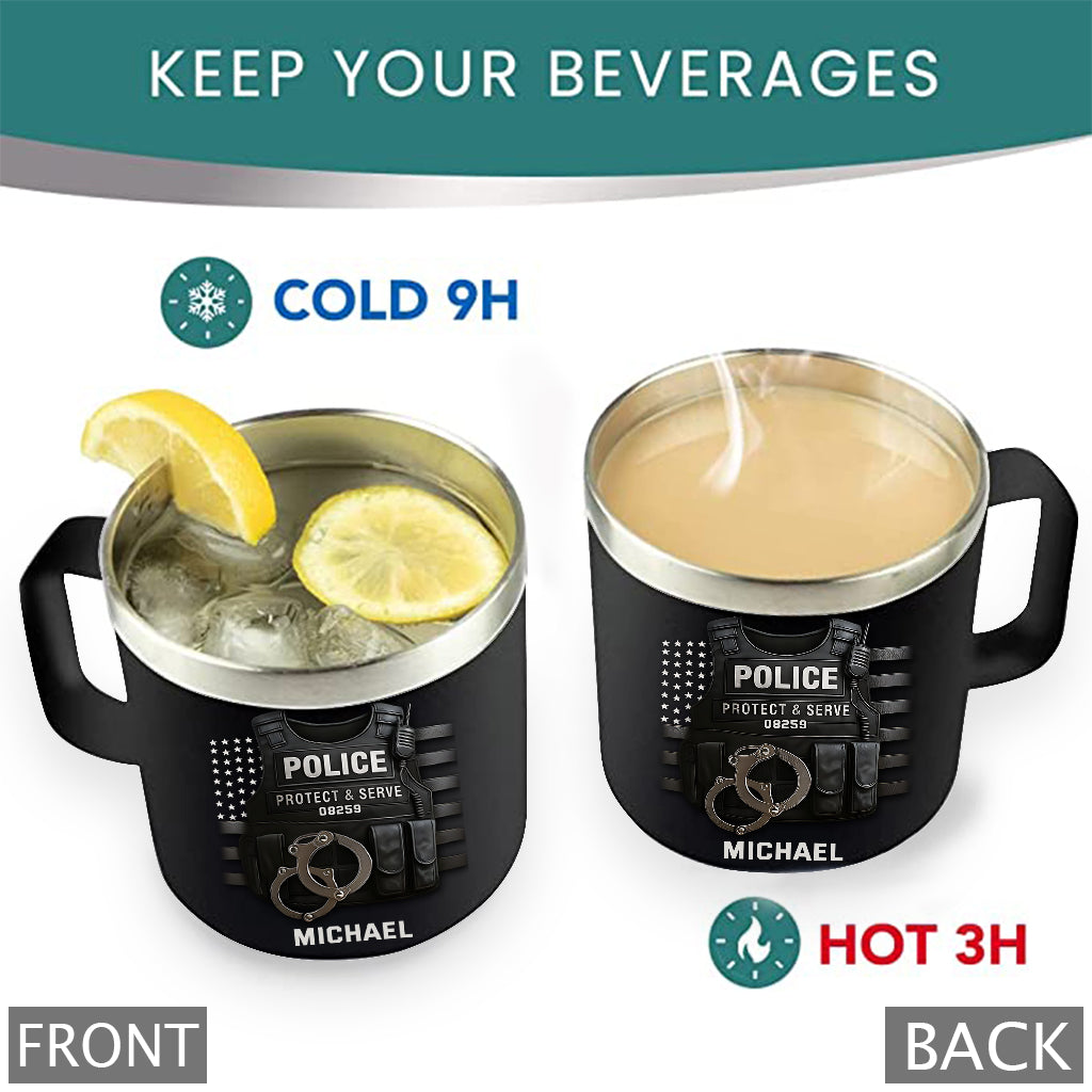Protect And Serve - Personalized Police Officer Insulated Coffee Mug Travel Tumbler