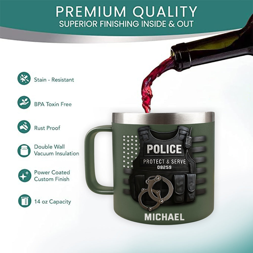 Protect And Serve - Personalized Police Officer Insulated Coffee Mug Travel Tumbler