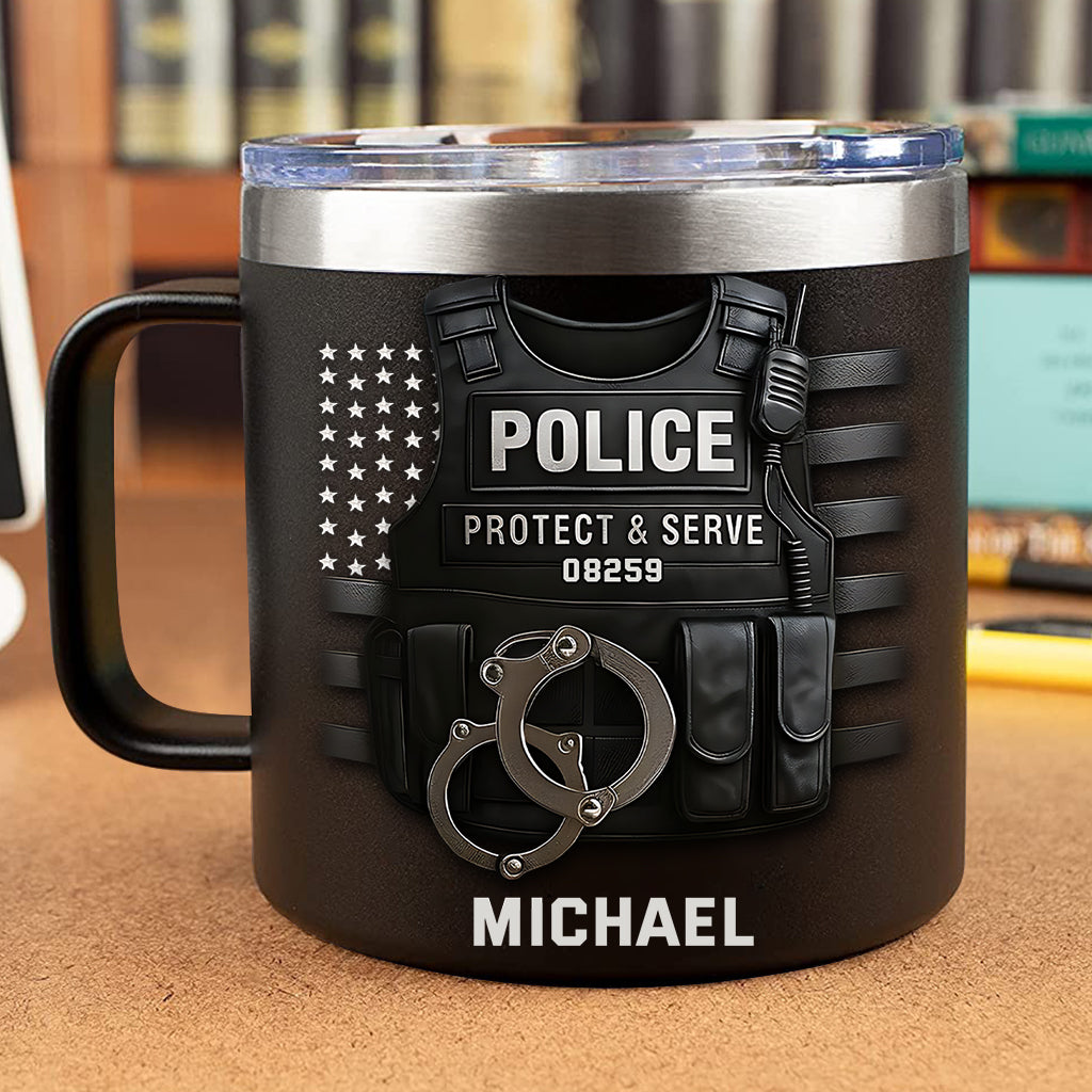 Protect And Serve - Personalized Police Officer Insulated Coffee Mug Travel Tumbler