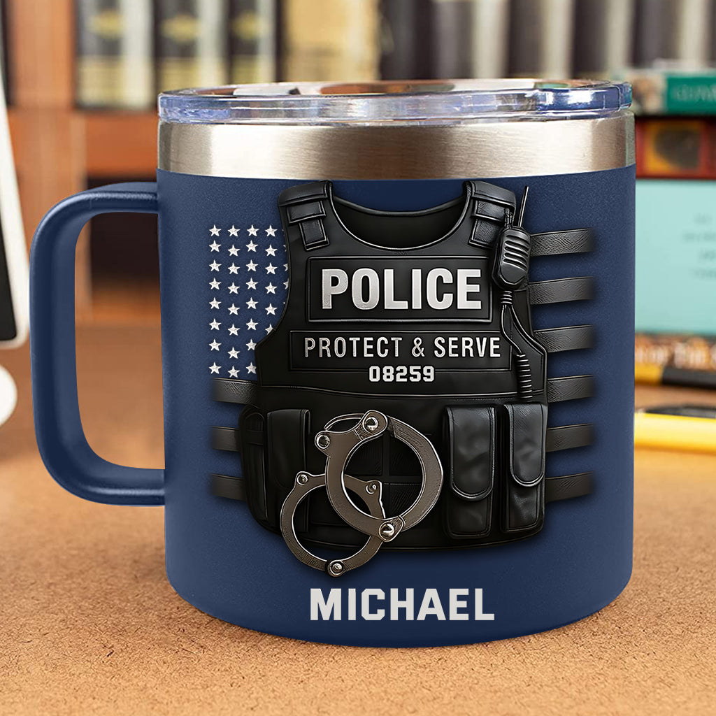 Protect And Serve - Personalized Police Officer Insulated Coffee Mug Travel Tumbler