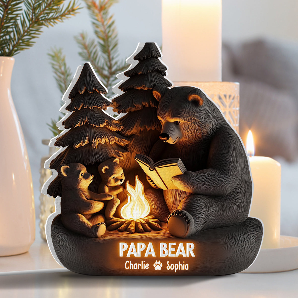 Papa Bear in Woodland - Personalized Father Shaped Light Box