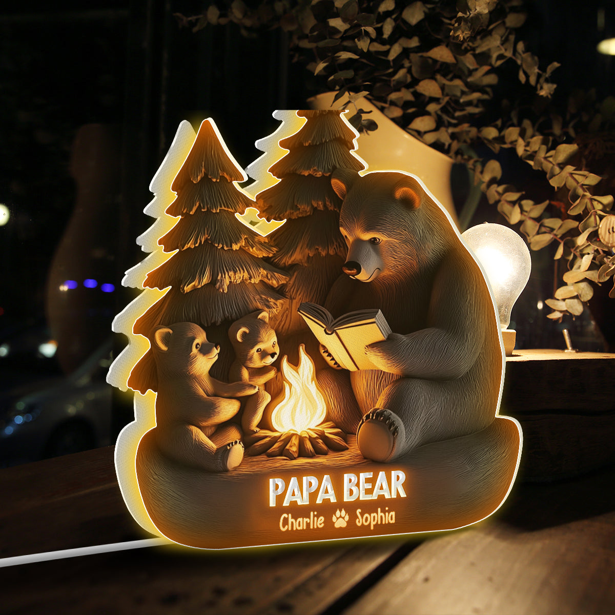 Papa Bear in Woodland - Personalized Father Shaped Light Box
