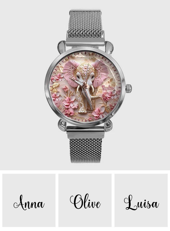 Pink leuchtender Elefant – Personalisierte Elefanten-Damenhanduhr