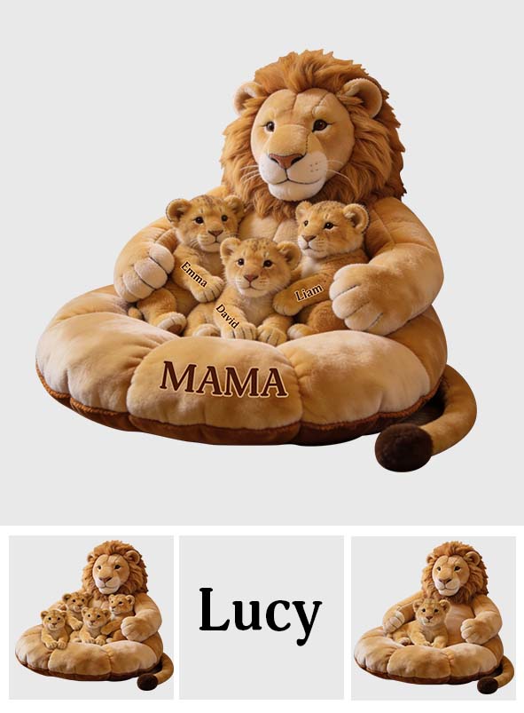 Thème Famille Lion Fête des Mères - Coussin Personnalisé en Fourrure Synthétique Premium