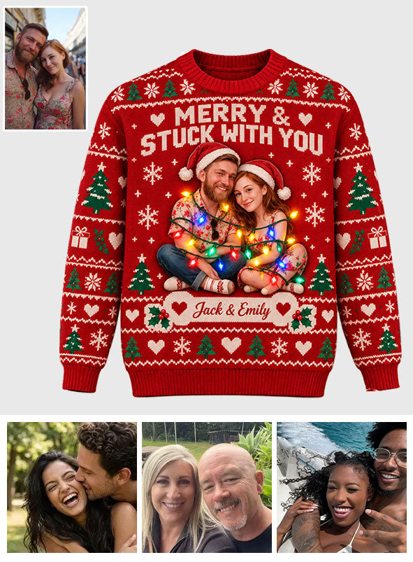 Merry & Stuck With You - Personalized Couple Light Up Sweater