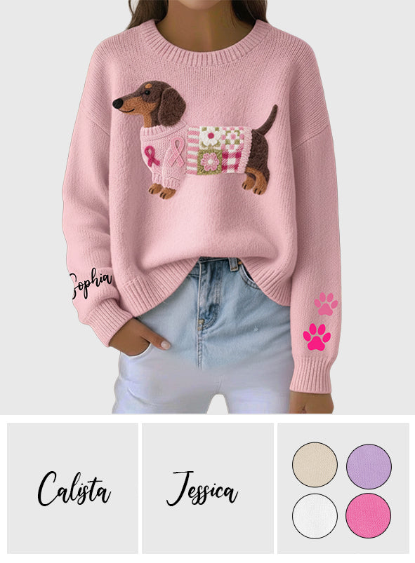 Pull moche personnalisé avec un teckel rose en tricot pour la sensibilisation au cancer du sein
