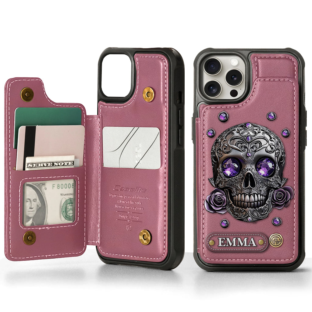Beautiful Skull And Roses - Personalized Skull Wallet Phone Case