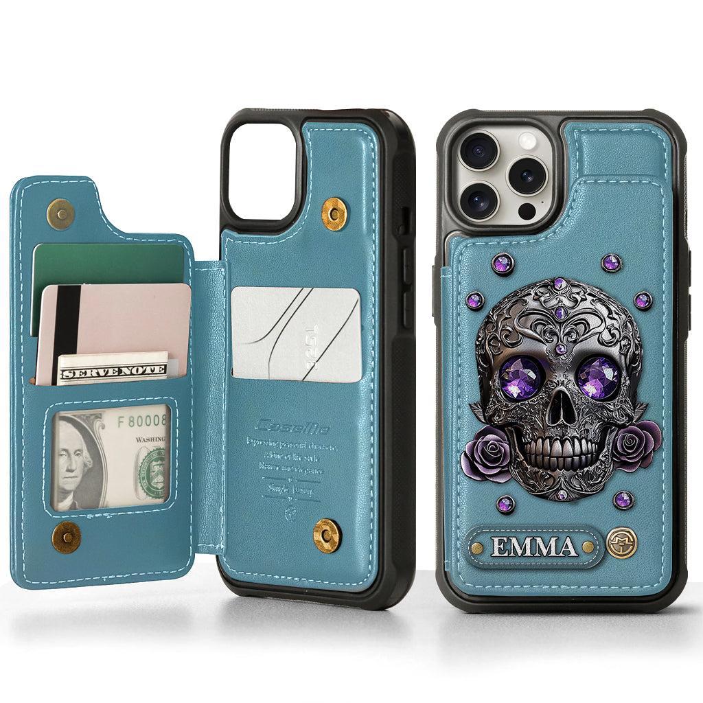 Beautiful Skull And Roses - Personalized Skull Wallet Phone Case