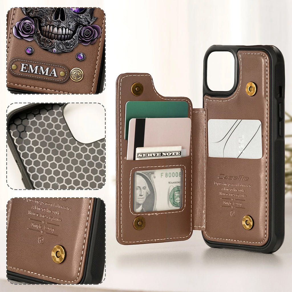 Beautiful Skull And Roses - Personalized Skull Wallet Phone Case