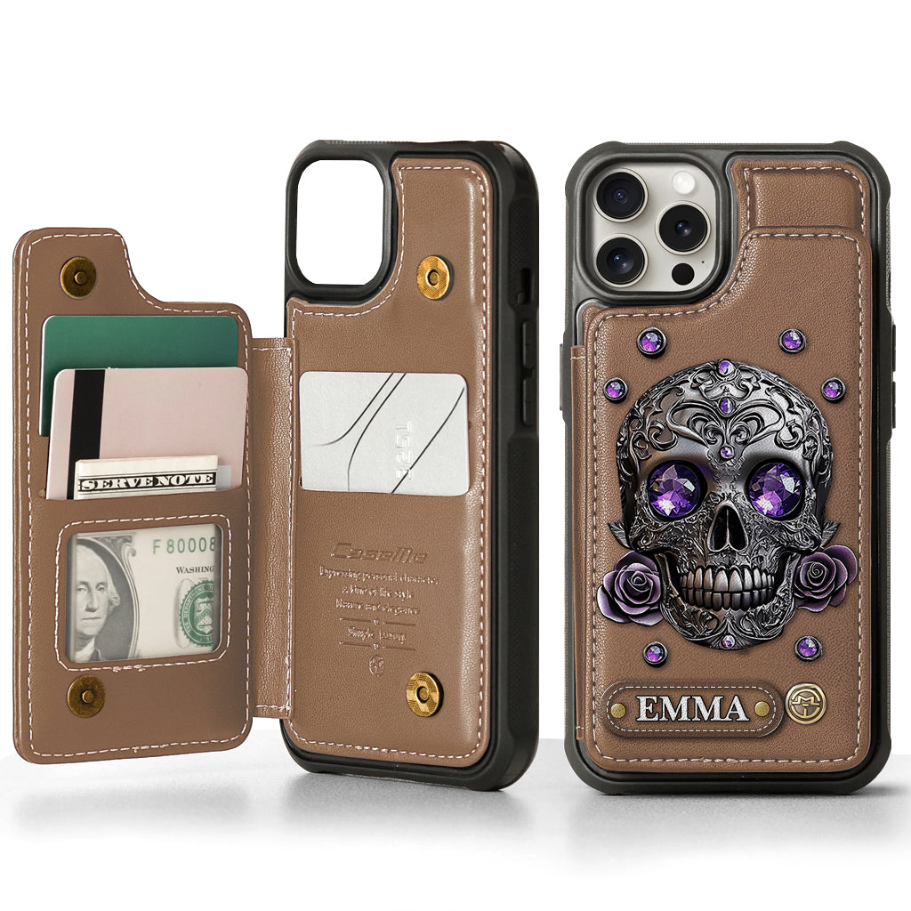 Beautiful Skull And Roses - Personalized Skull Wallet Phone Case