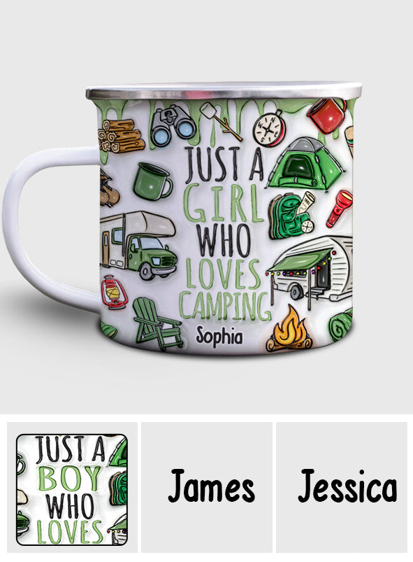 Mug émaillé personnalisé « Juste une fille qui adore le camping »