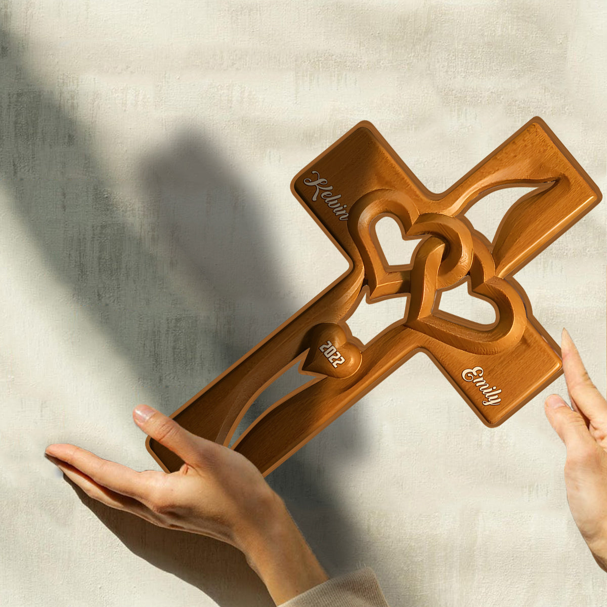 Intertwined Heart Wooden Cross, Specially Designed for Lovers - Personalized Couple Custom Shaped Wood Plaque