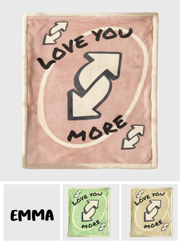 „Ich liebe dich mehr“-Karte (umgekehrt) – Personalisierte Pärchendecke