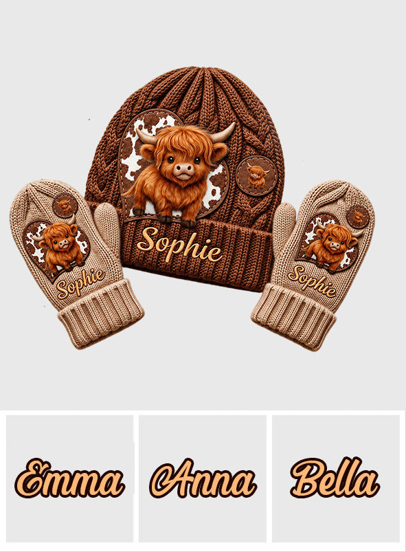Cute Highland Cow - Personalized Highland Cow Beanie Hat & Knitted Mittens