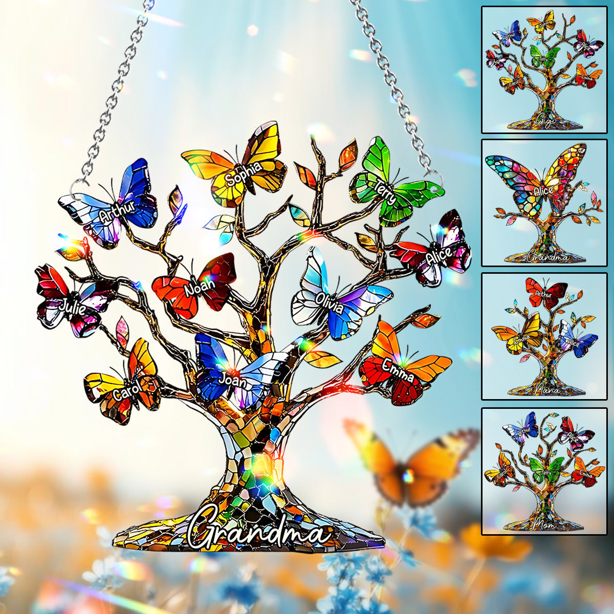 Grandma Mom Butterfly Tree - Personalized Grandma Window Hanging Suncatcher Ornament