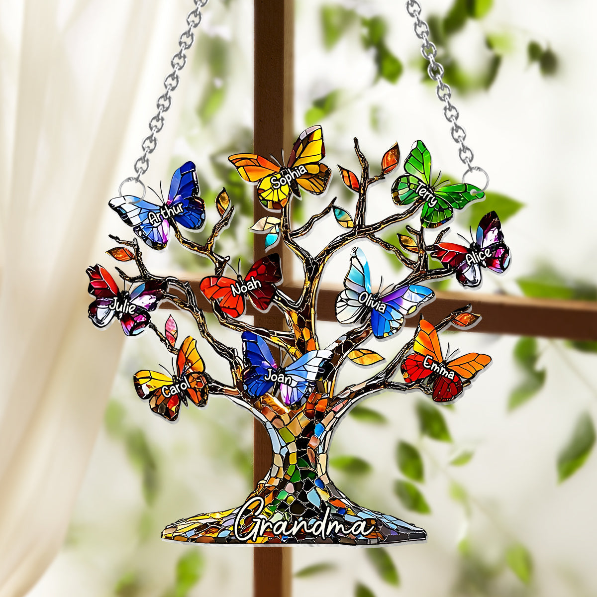 Grandma Mom Butterfly Tree - Personalized Grandma Window Hanging Suncatcher Ornament