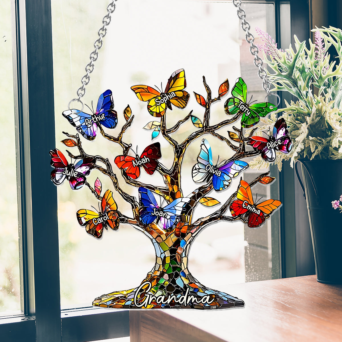 Grandma Mom Butterfly Tree - Personalized Grandma Window Hanging Suncatcher Ornament