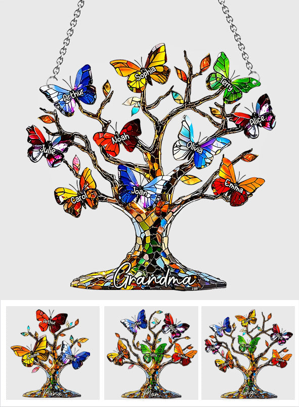 Grandma Mom Butterfly Tree - Personalized Grandma Window Hanging Suncatcher Ornament