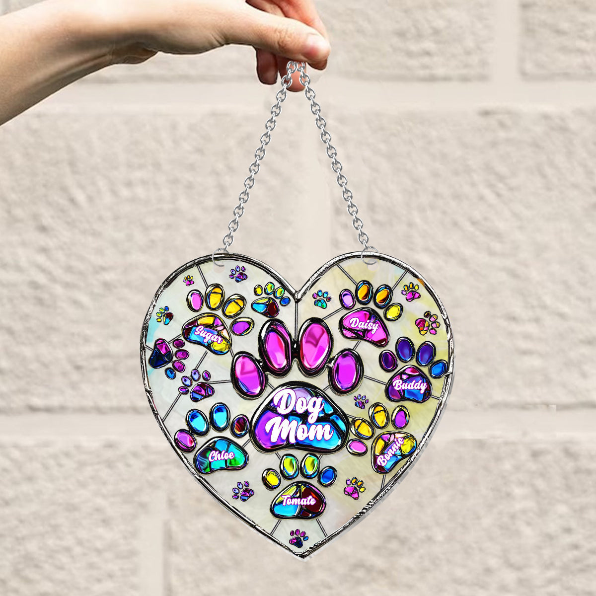 Colorful Heart Paw Dog Mom - Personalized Dog Window Hanging Suncatcher Ornament