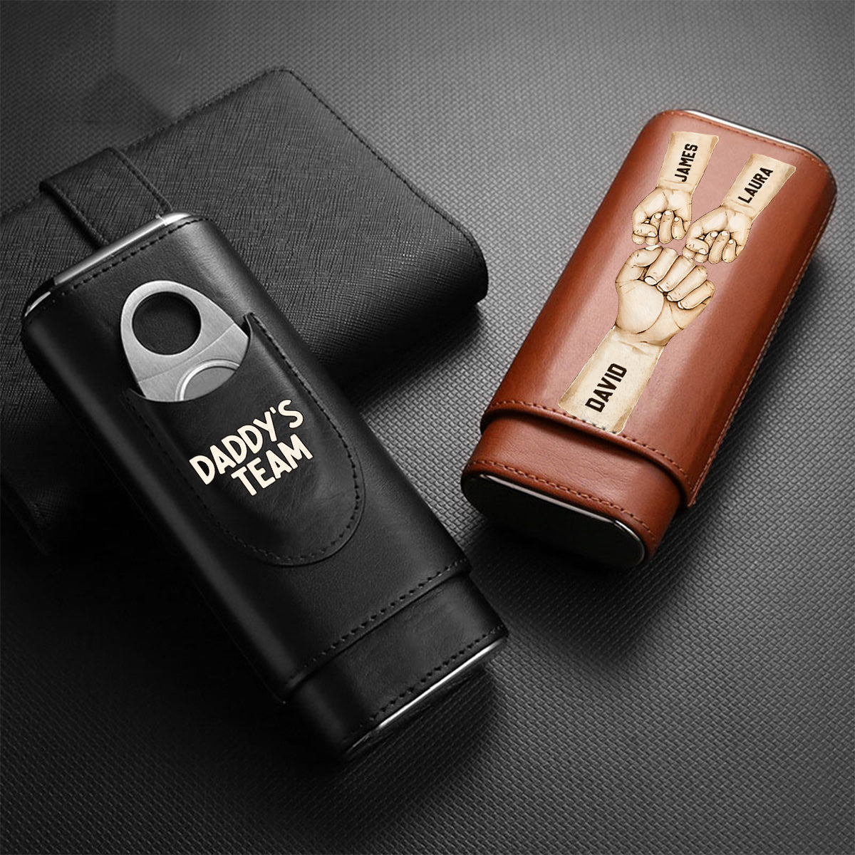 Daddy's Team Fist Bump - Personalized Father Leather Cigar Humidor Case