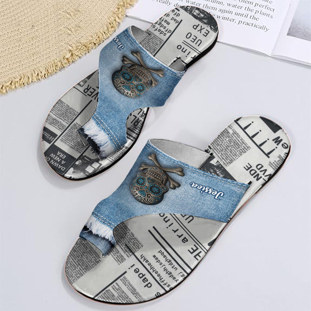 Denim Sugar Skull Footwear - Personalized Skull Open Toe Sandals