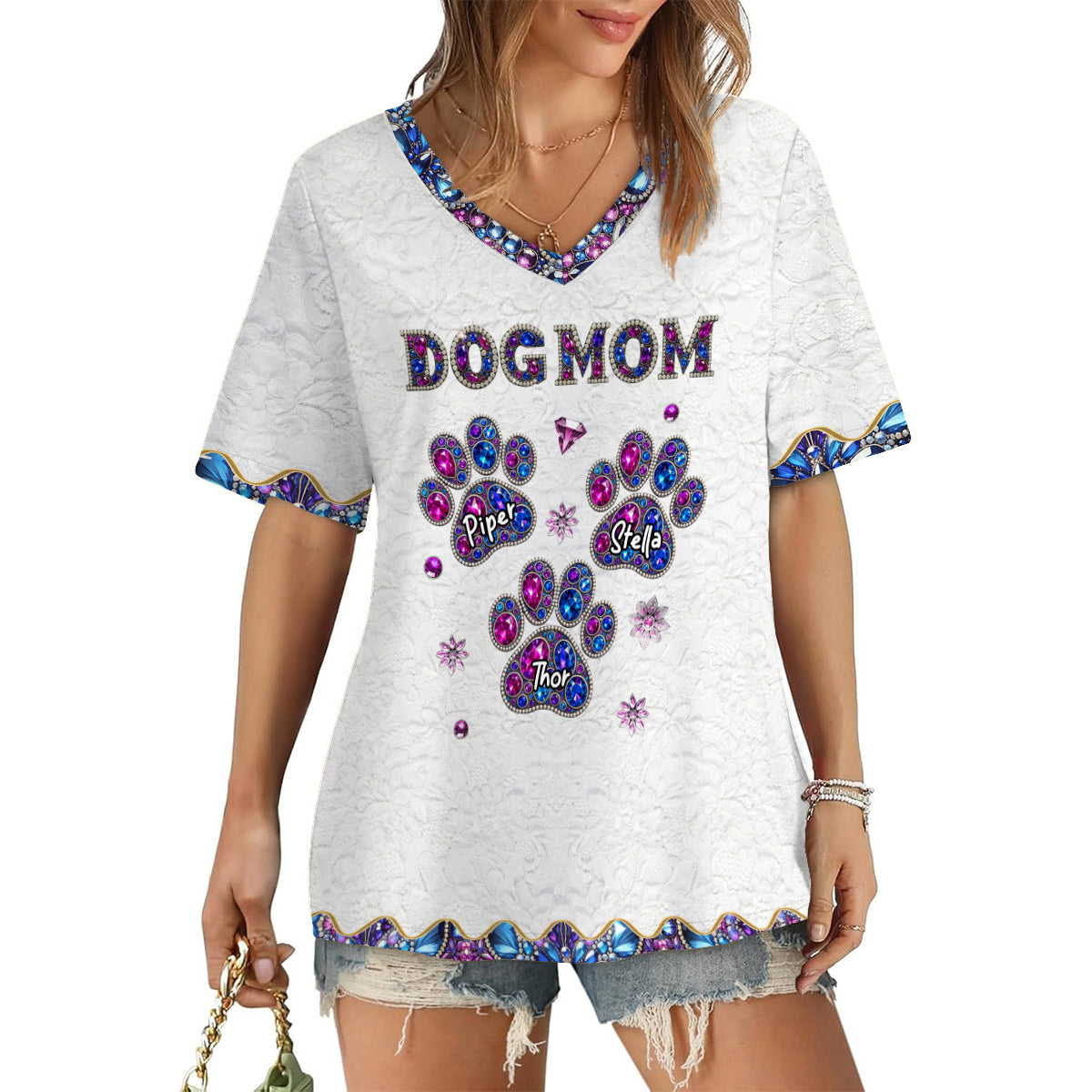 Proud Dog Mom - Personalized Dog Fully Printed V-Neck T-Shirt