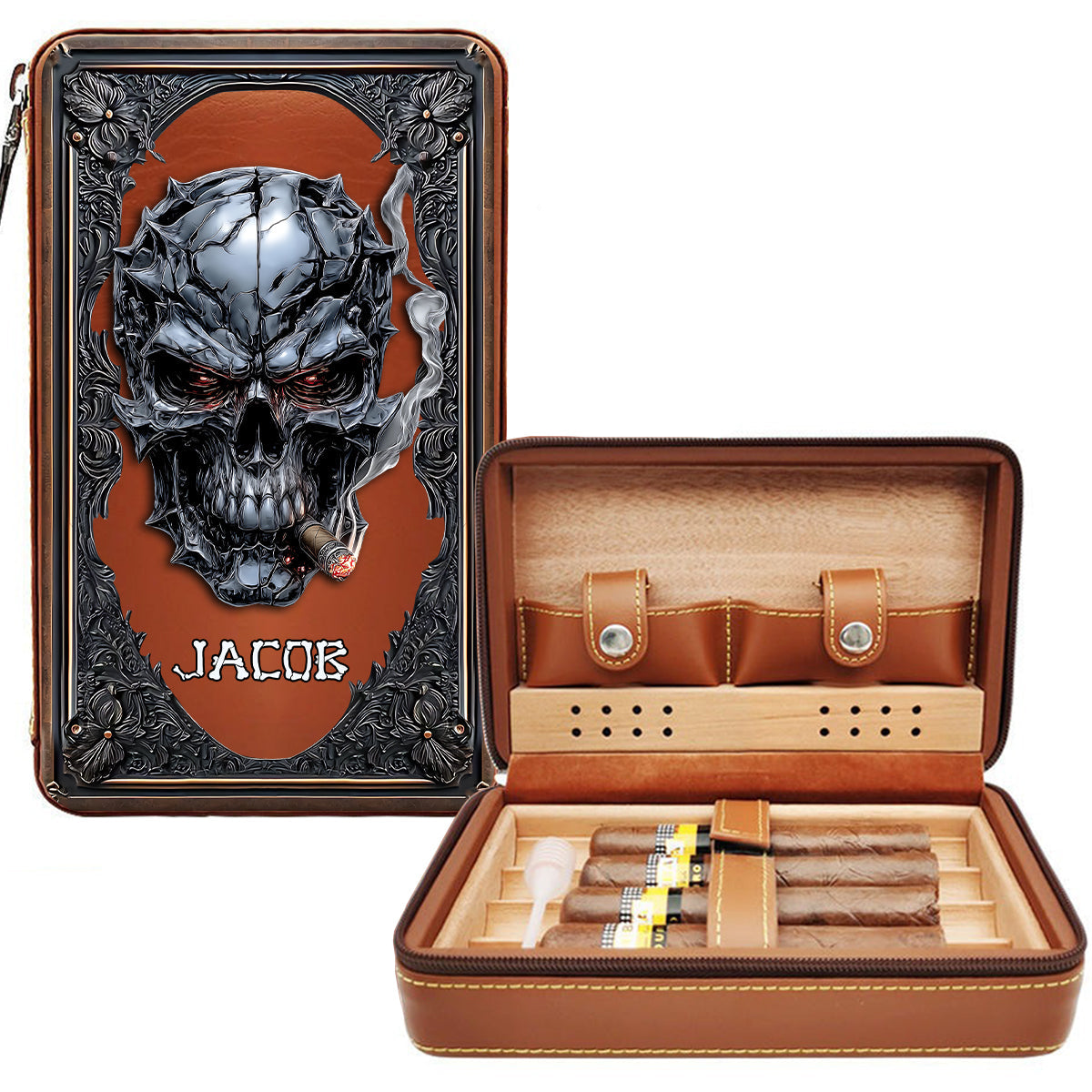 Smoking Skull - Personalized Skull Travel Cigar Humidor Case