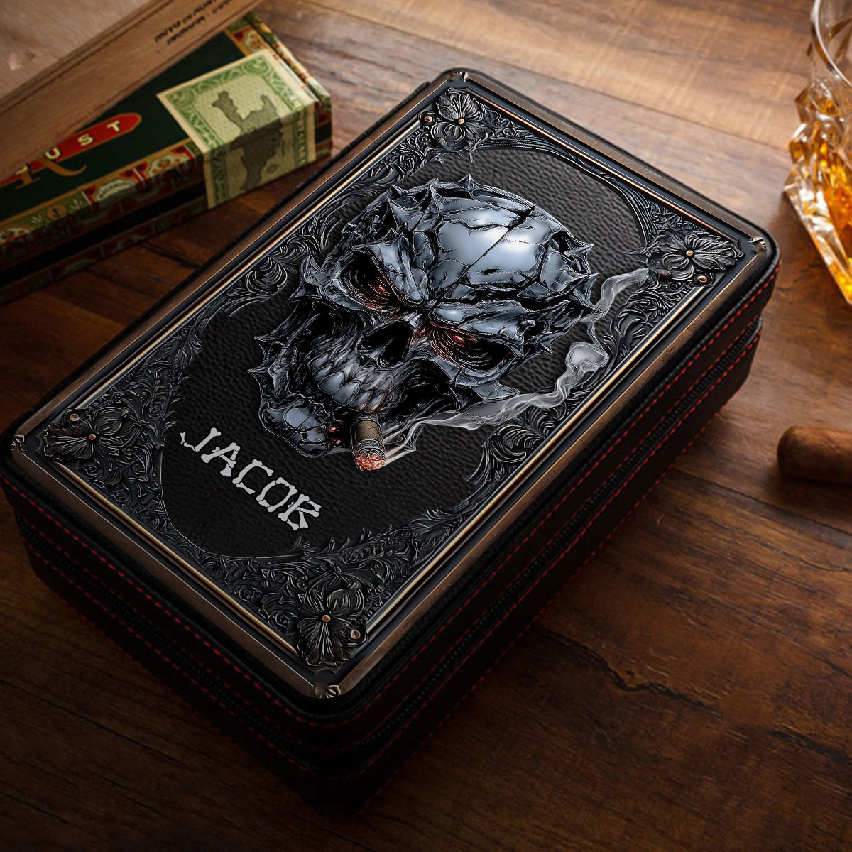 Smoking Skull - Personalized Skull Travel Cigar Humidor Case