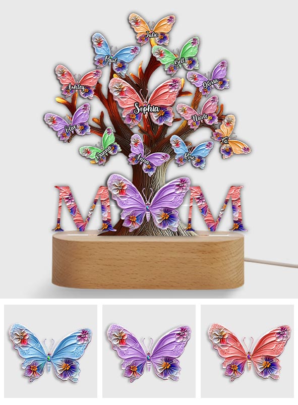 Colorful Butterflies Mom Mama - Personalized Mother Shaped Plaque Light Base
