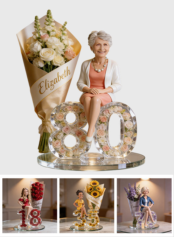 Geschenk für sie – Blumenstrauß und Zahl – Personalisierte Geburtstagsplakette aus Acryl in individueller Form