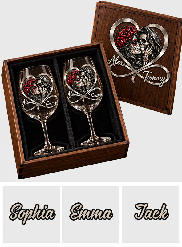 From Our First Kiss Till Our Last Breath - Personalized Skull Wine Glasses Set With Wooden Box