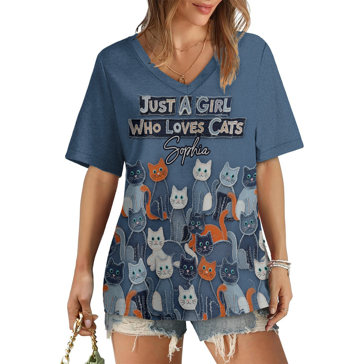 Just A Girl Who Loves Cats - Personalized Cat Fully Printed V-Neck T-Shirt