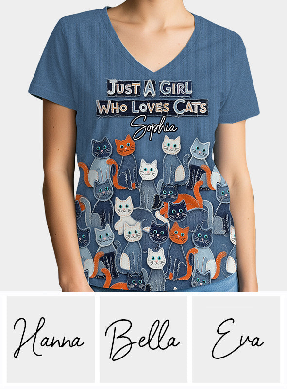 Just A Girl Who Loves Cats - Personalized Cat Fully Printed V-Neck T-Shirt