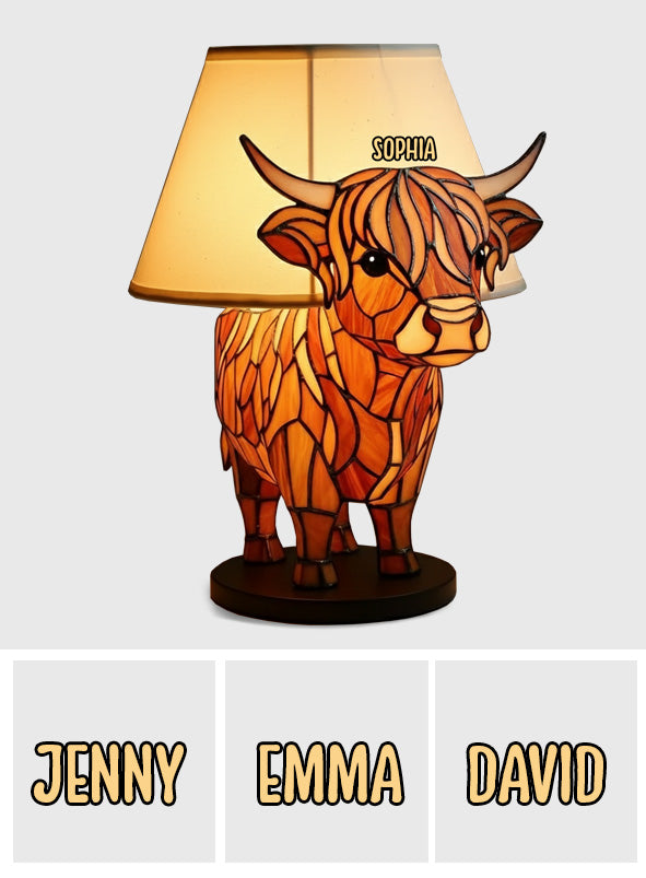 Tischlampe „Niedliches Hochlandrind“ – Personalisierte LED-Nachtleuchte aus Acryl mit Hochlandrind-Motiv