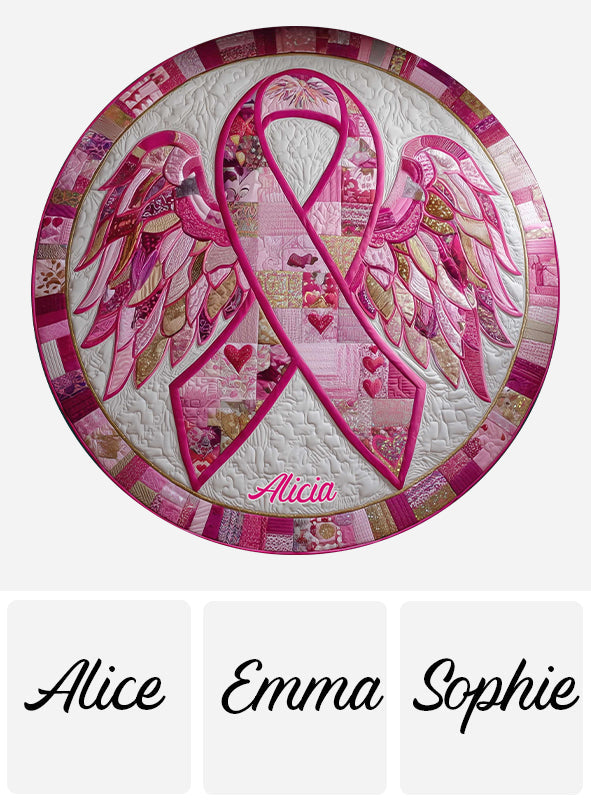 Tapis rond matelassé avec ruban rose pour la sensibilisation au cancer du sein - Personnalisé