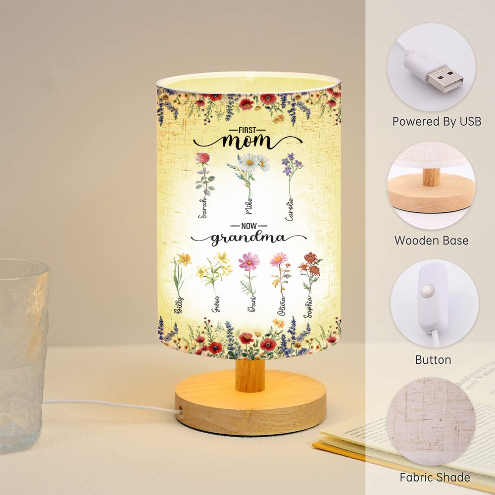 First Mom Now Grandma - Personalized Grandma Tableside Lamp With Wood Base