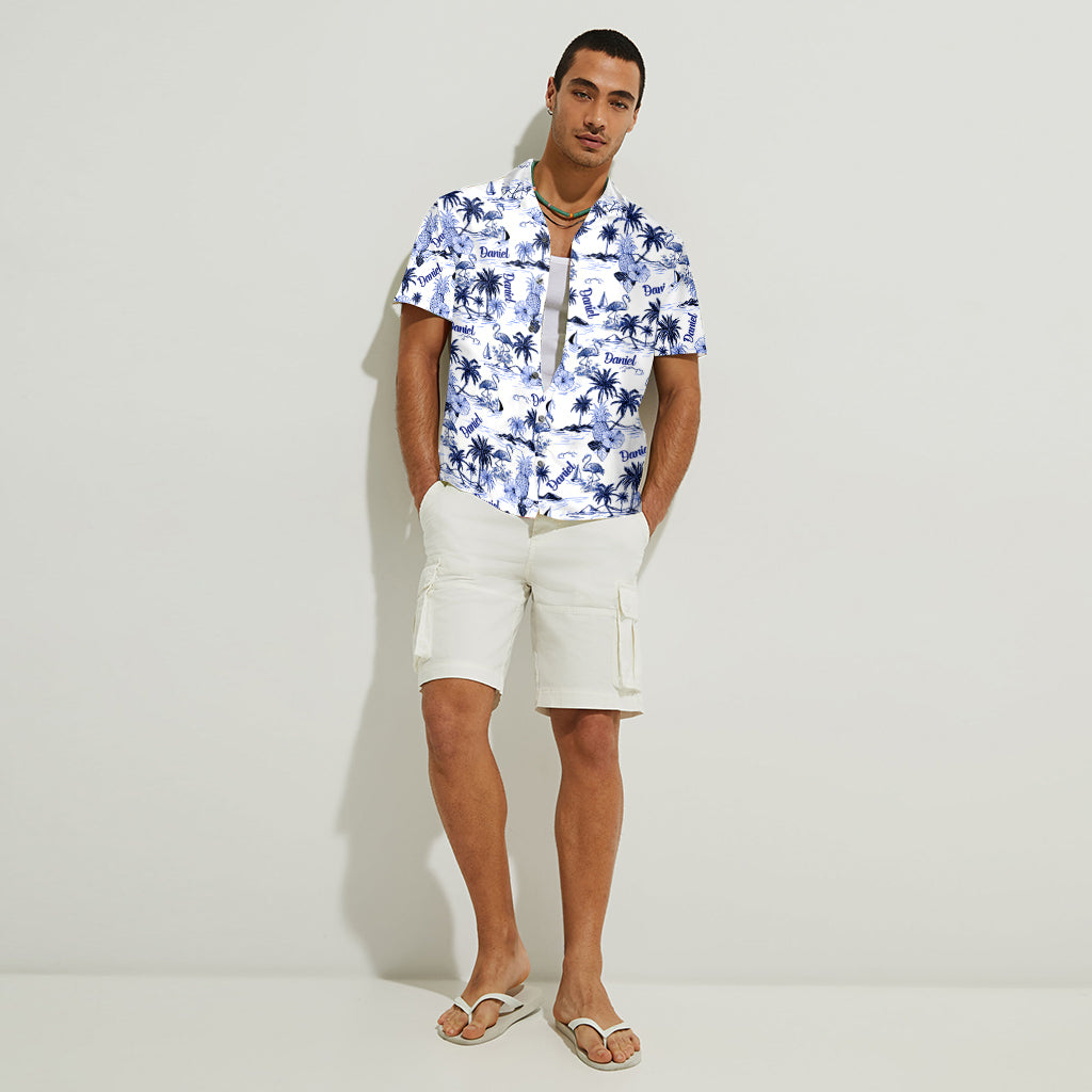 Flamingo Tropical Toile de Jouy Pattern - Personalized Flamingo Hawaiian Shirt