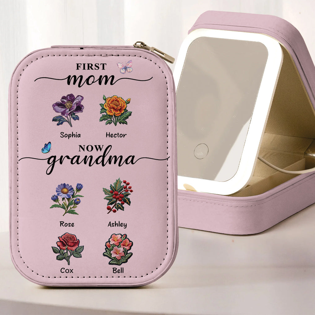 First Mom Now Grandma - Personalized Grandma Jewelry Box With LED Mirror