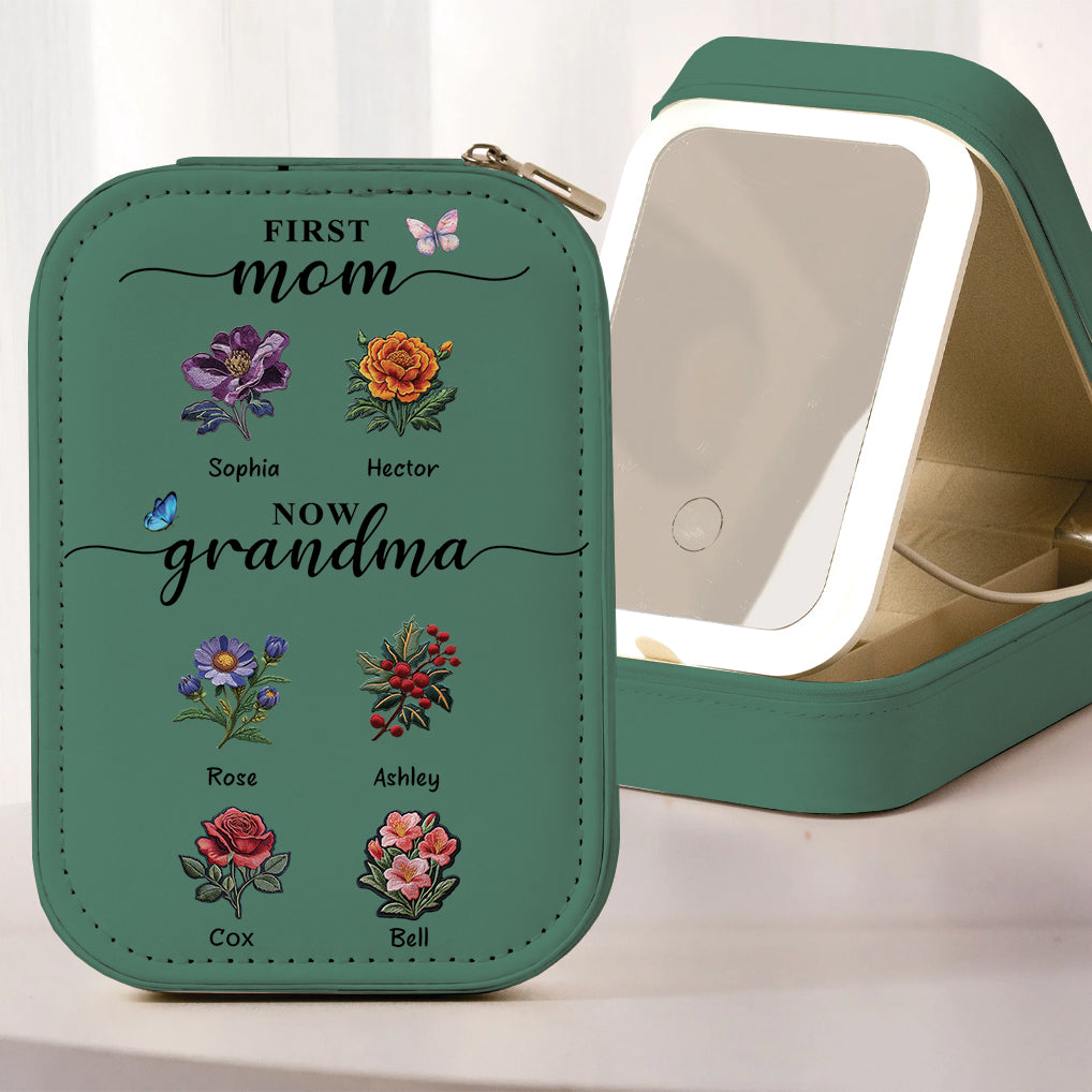 First Mom Now Grandma - Personalized Grandma Jewelry Box With LED Mirror