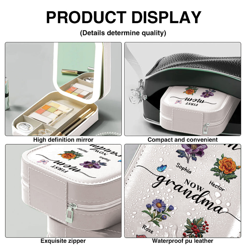 First Mom Now Grandma - Personalized Grandma Jewelry Box With LED Mirror