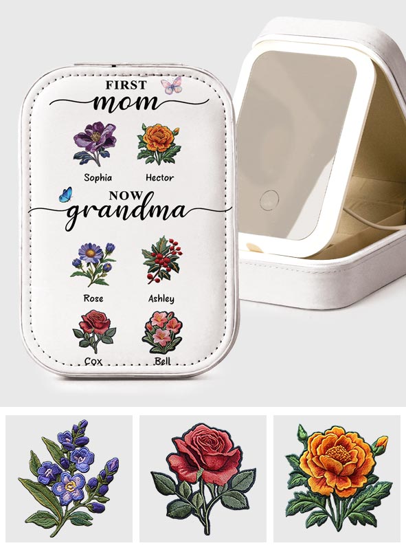 First Mom Now Grandma - Personalized Grandma Jewelry Box With LED Mirror