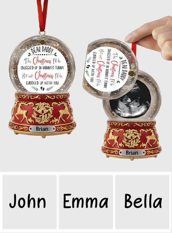 Liebe Grüße aus dem Babybauch – Das perfekte Geschenk für werdende Väter – Kristall-Schneeball-Spieluhr-Ornament – Personalisierter Schwangerschafts-Wende-Ornament