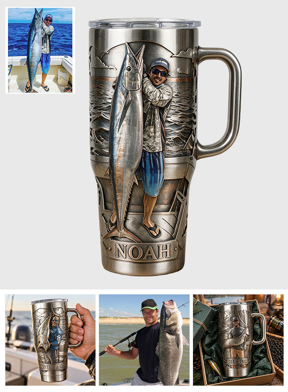 Fisherman With Big Fish - Personalized Fishing Tumbler With Handle