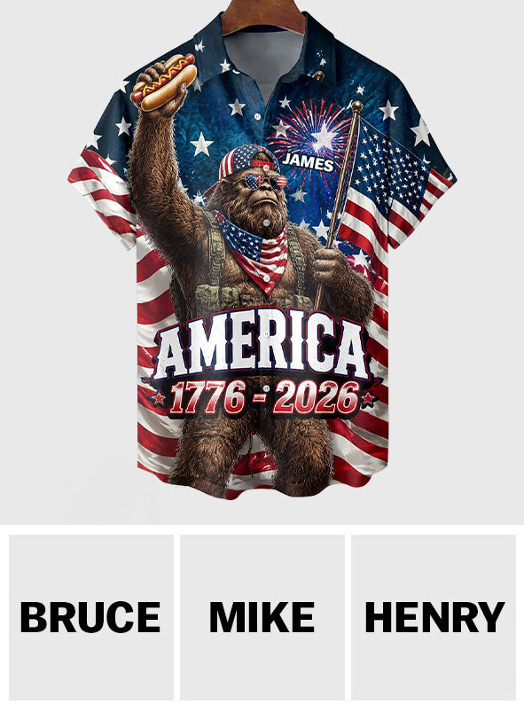 Cadeau pour les amateurs de Bigfoot, randonnée/camping/pêche, Sasquatch américain, 4 juillet - Chemise hawaïenne personnalisée