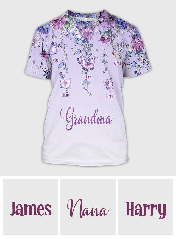 Oma und Kinder Schmetterling - Personalisiertes Oma-Shirt mit Allover-Aufdruck